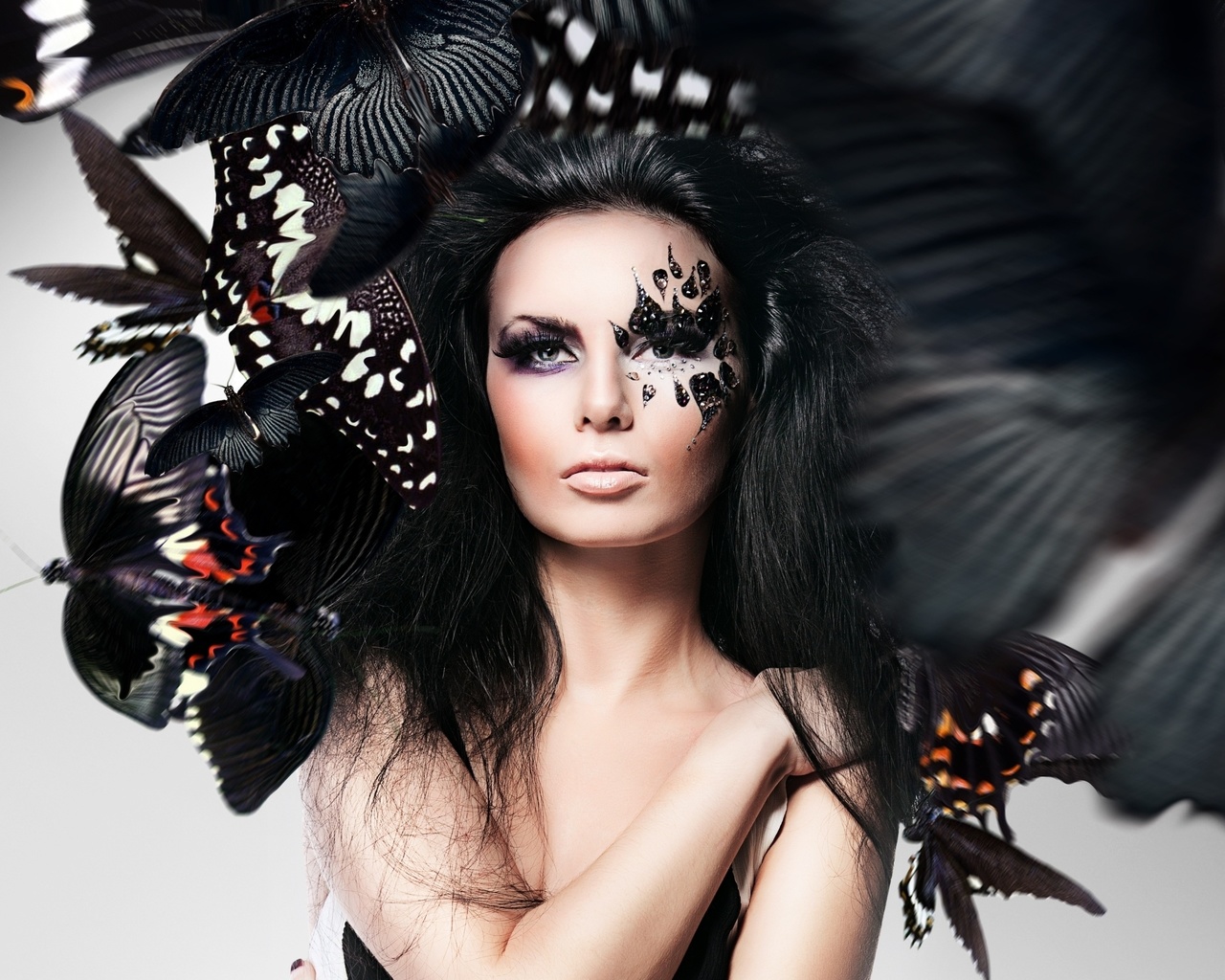 girl, makeup, face, butterflies, photoshop