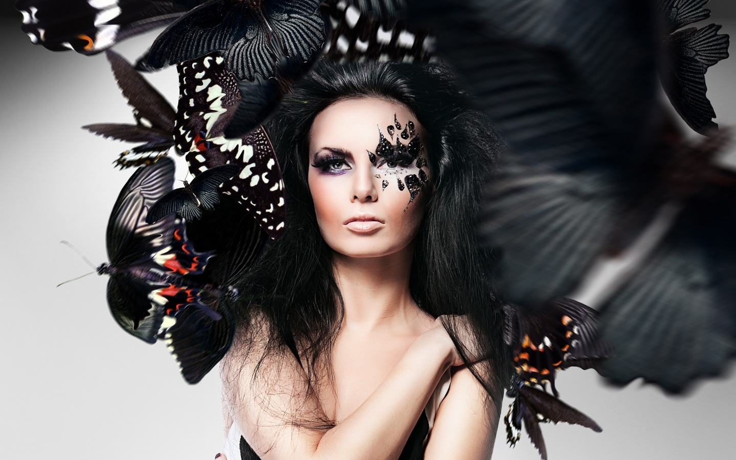 girl, makeup, face, butterflies, photoshop