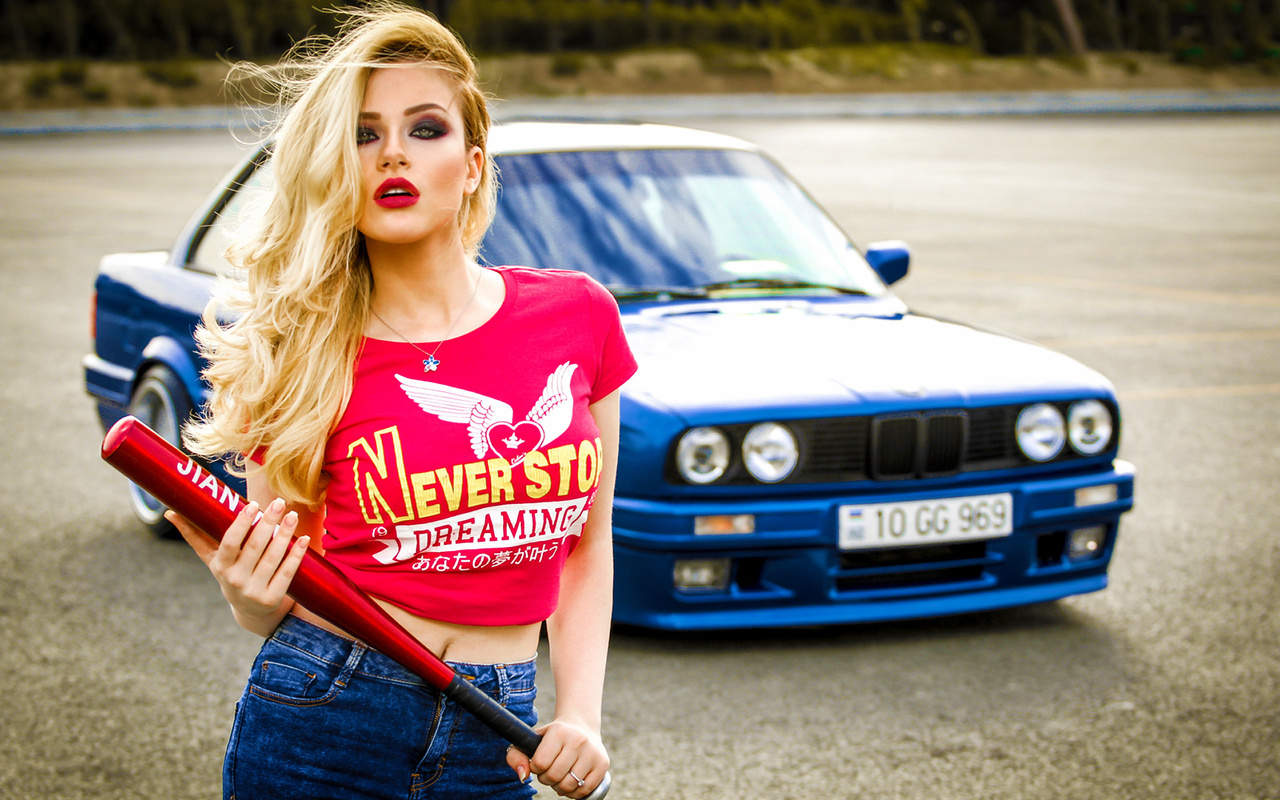 julia, girl, beauty, view, lips, nice, bat, car, bmw, m3, e30, blue