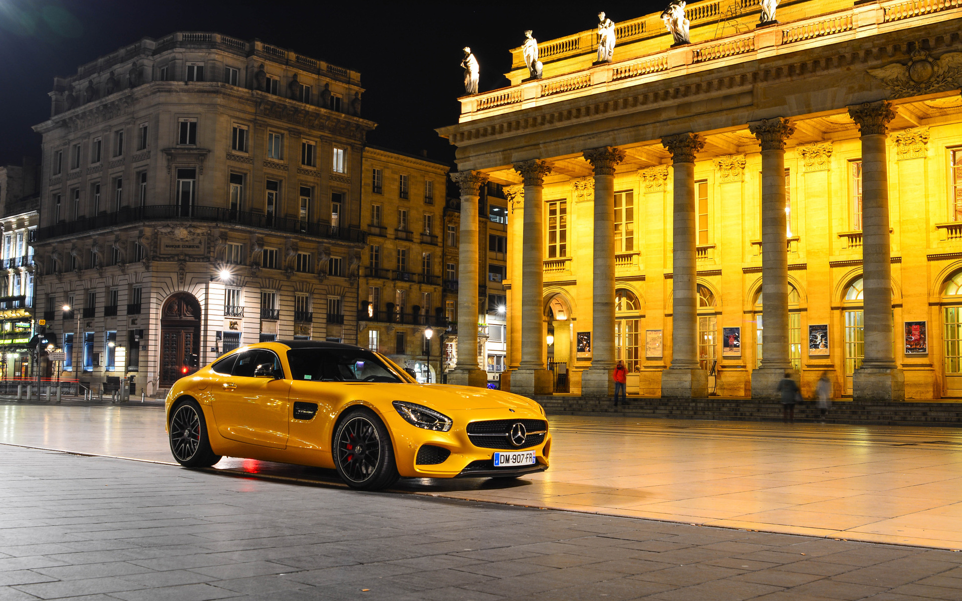 mercedes-benz, amg, gt s, 2015, yellow, supercar, front, night, place, square, 