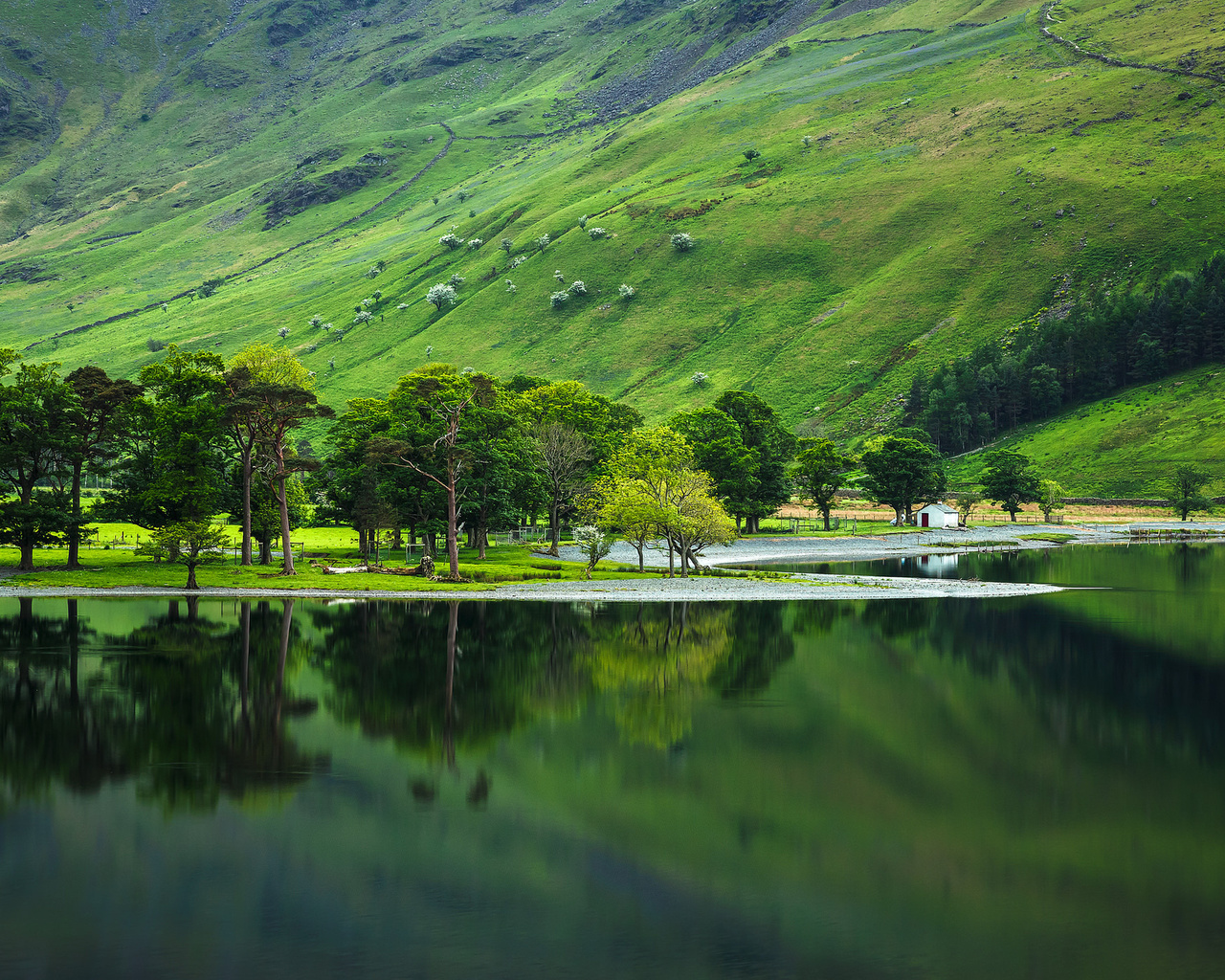 lake, reflection, trees, house, hills, trees, grass