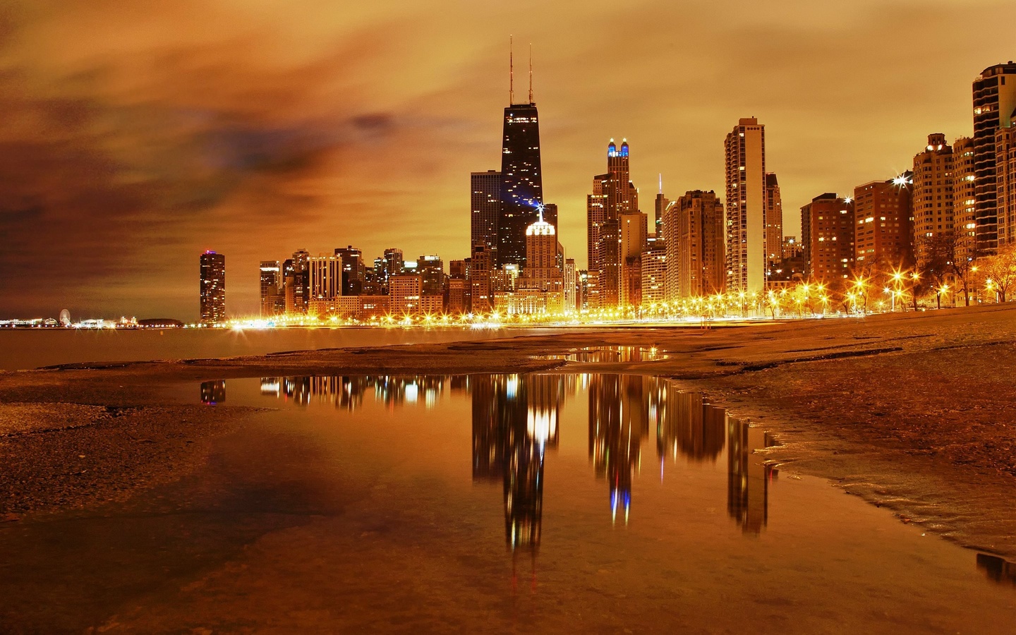 reflection, city, buildings, lights