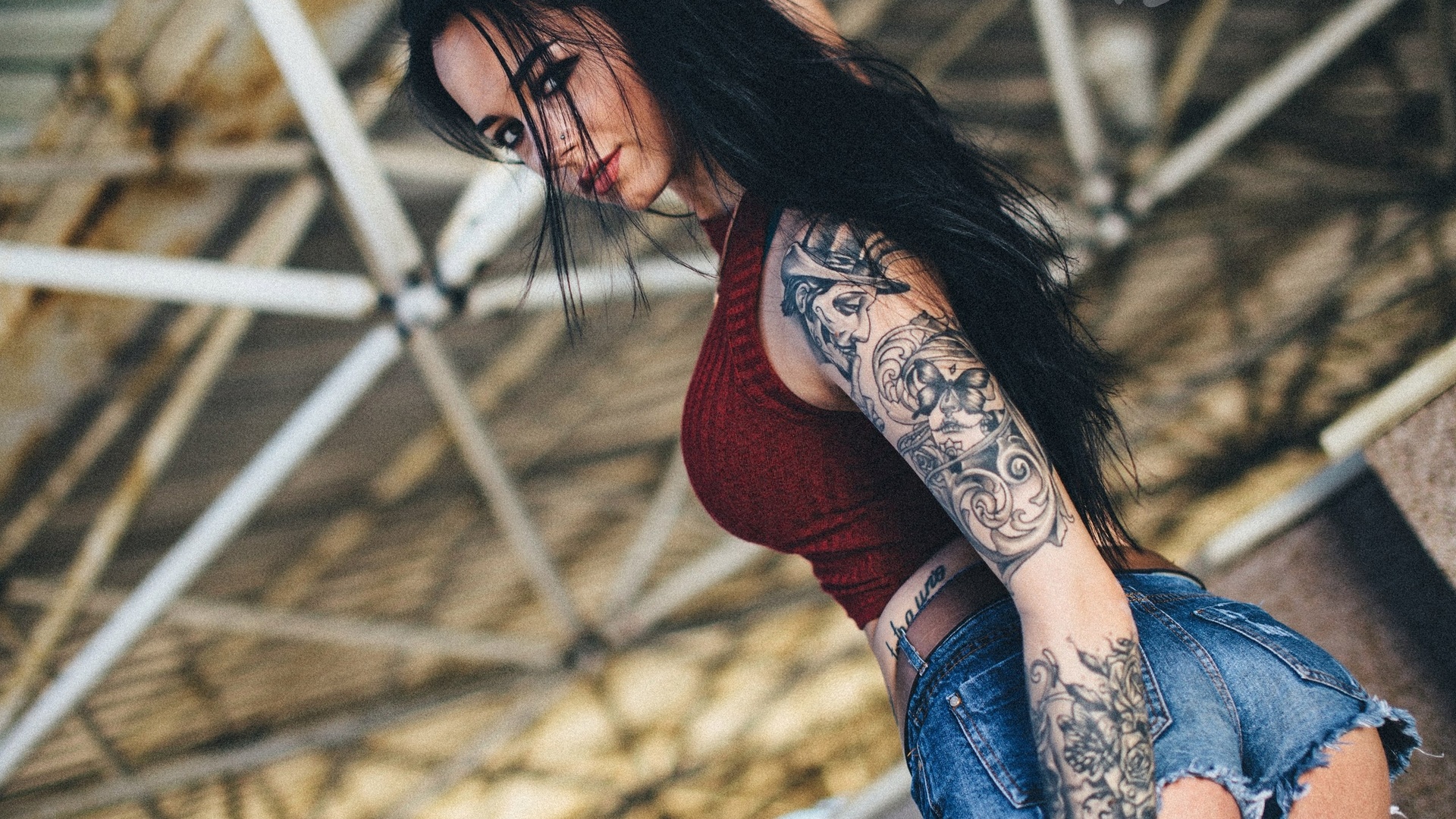 anastasia rozhdestvenskay, women, model, black hair, jean shorts, skinny, long hair, denim, tattoos, portrait, looking at viewer, ass, sensual gaze, pierced nose, , artem solovev