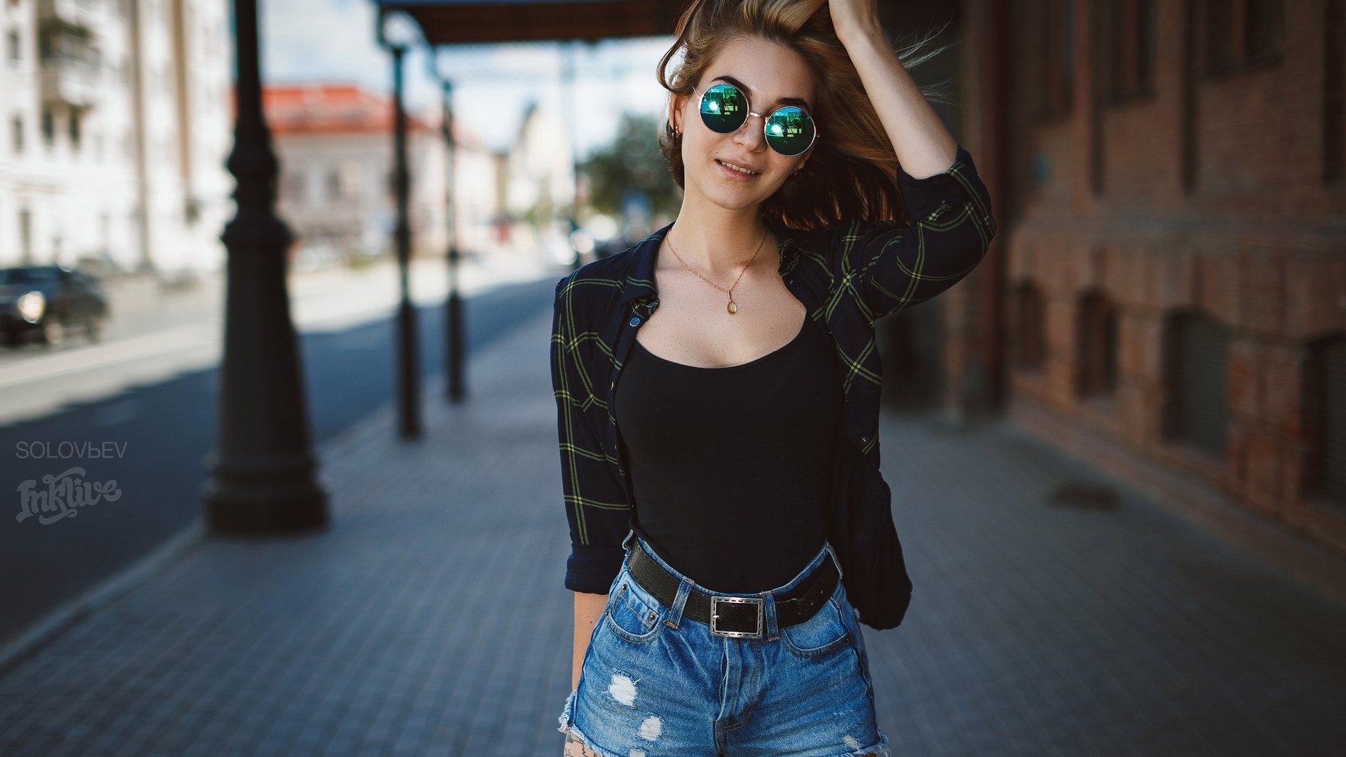 women, model, dyed hair, jean shorts, tattoos, portrait, shirt, hands on head, sunglasses, smiling, plaid shirt