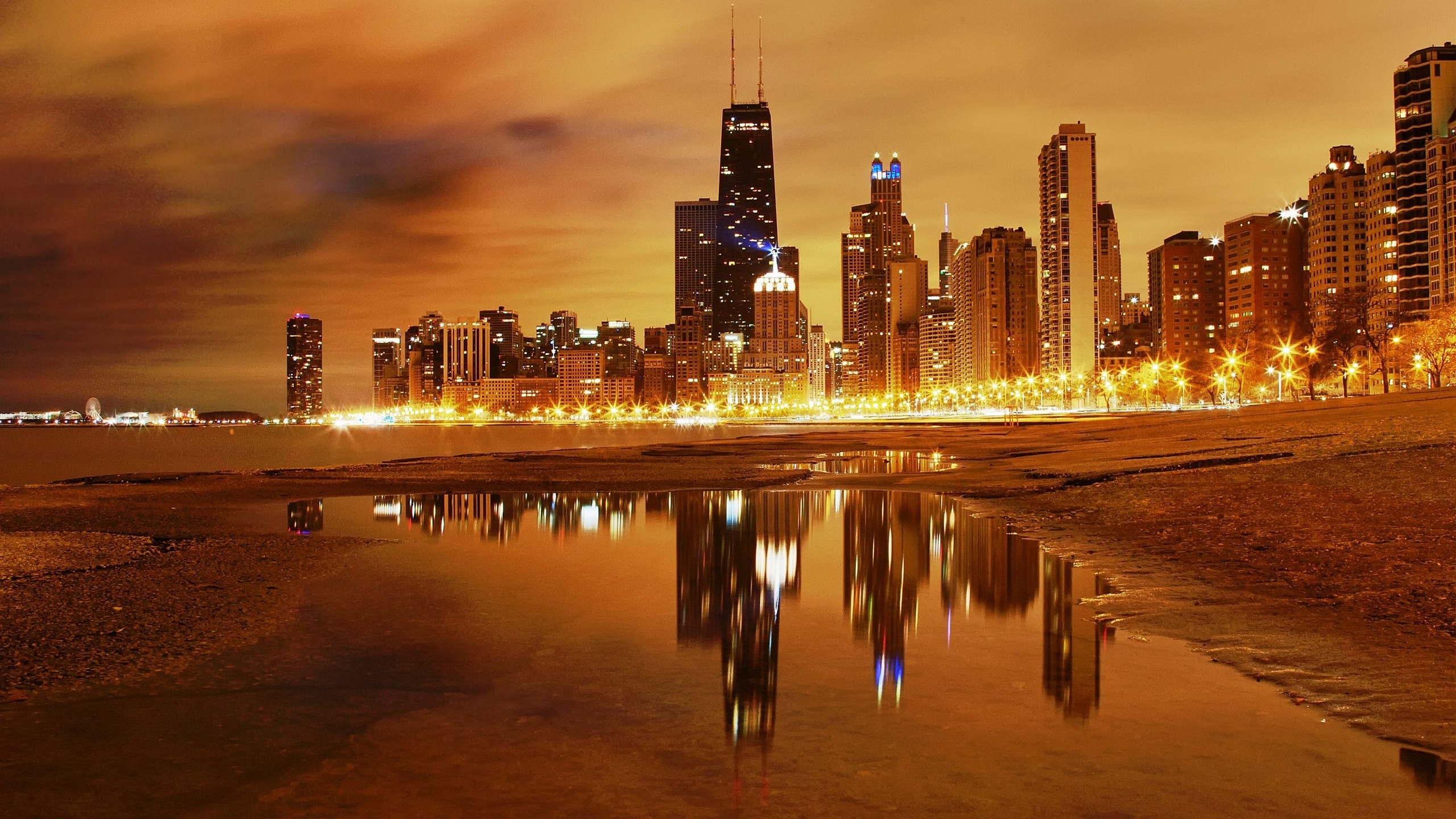 reflection, city, buildings, lights