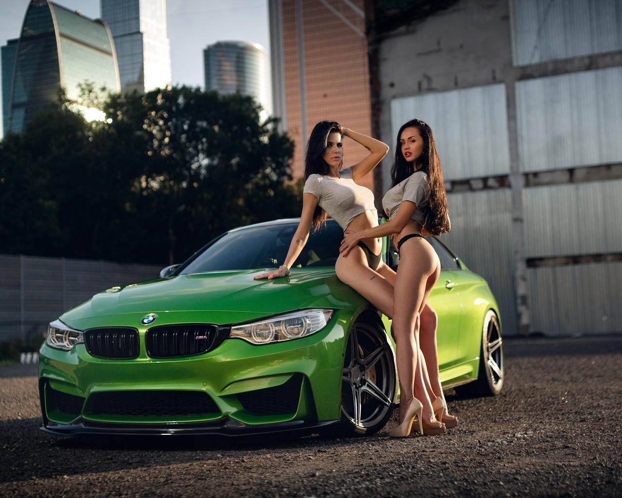 valeriya ogel, mashulya shelestova, women, car, couple, brunette, ass, black hair, long hair, bmw, thong, hands on head, high heels, looking at viewe, rt-shirt, sensual gaze, belly, , looking at viewer,t-shirt