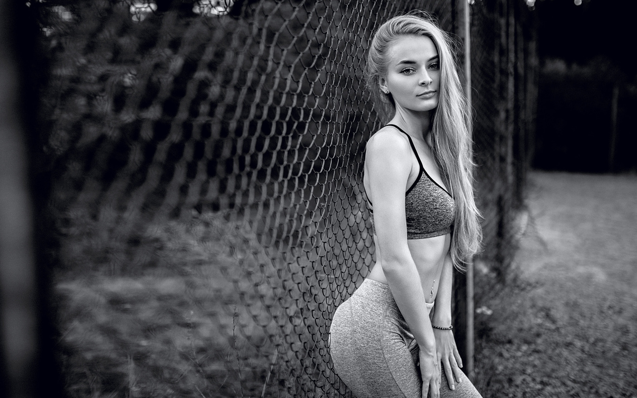 women, portrait, long hair, gym clothes, women outdoors, belly, monochrome, alexandr zhunin, pierced navel