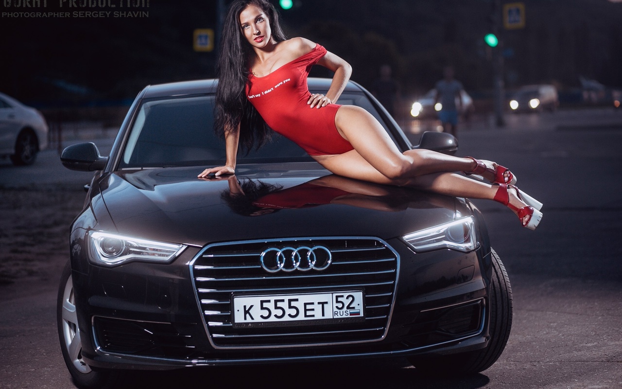 yulia chekanova, women, hips, one-piece, car, high heels, brunette, women outdoors, hands on hips, black hair, long hair, sergey shavin