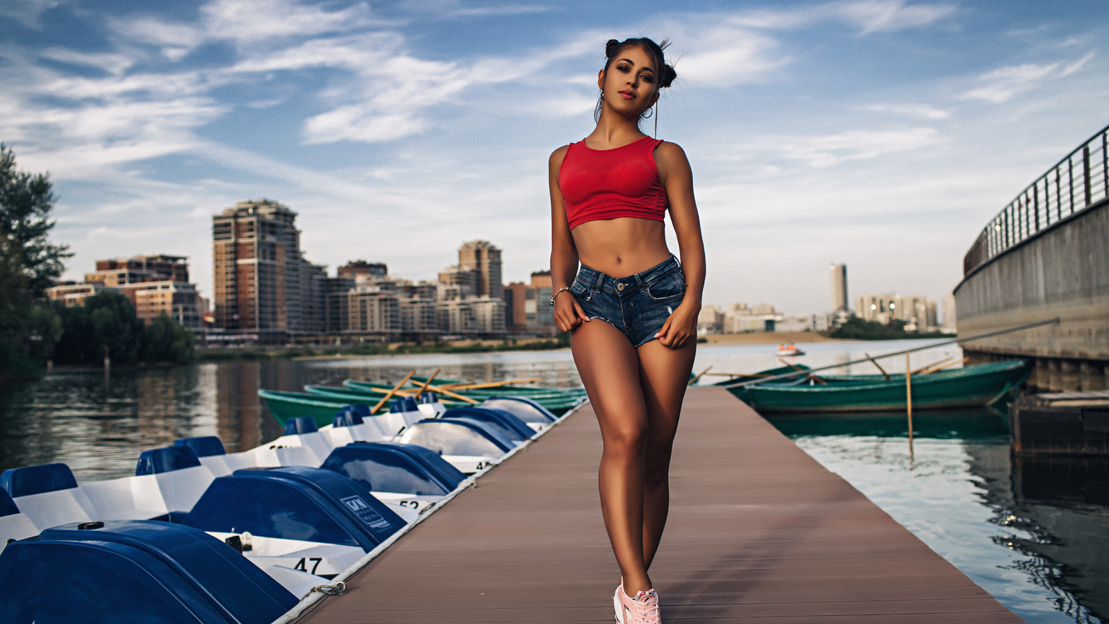 women, portrait, sneakers, jean shorts, short shorts, tanned, belly, river, aleksandr tsarev, sky, clouds