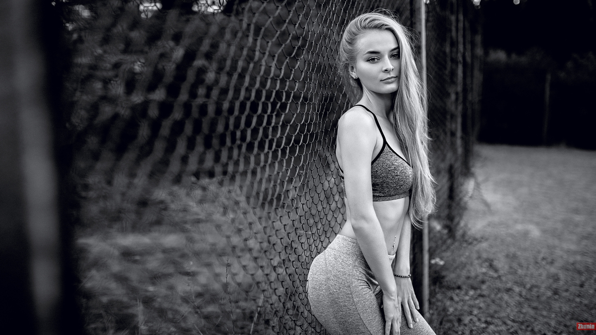 women, portrait, long hair, gym clothes, women outdoors, belly, monochrome, alexandr zhunin, pierced navel