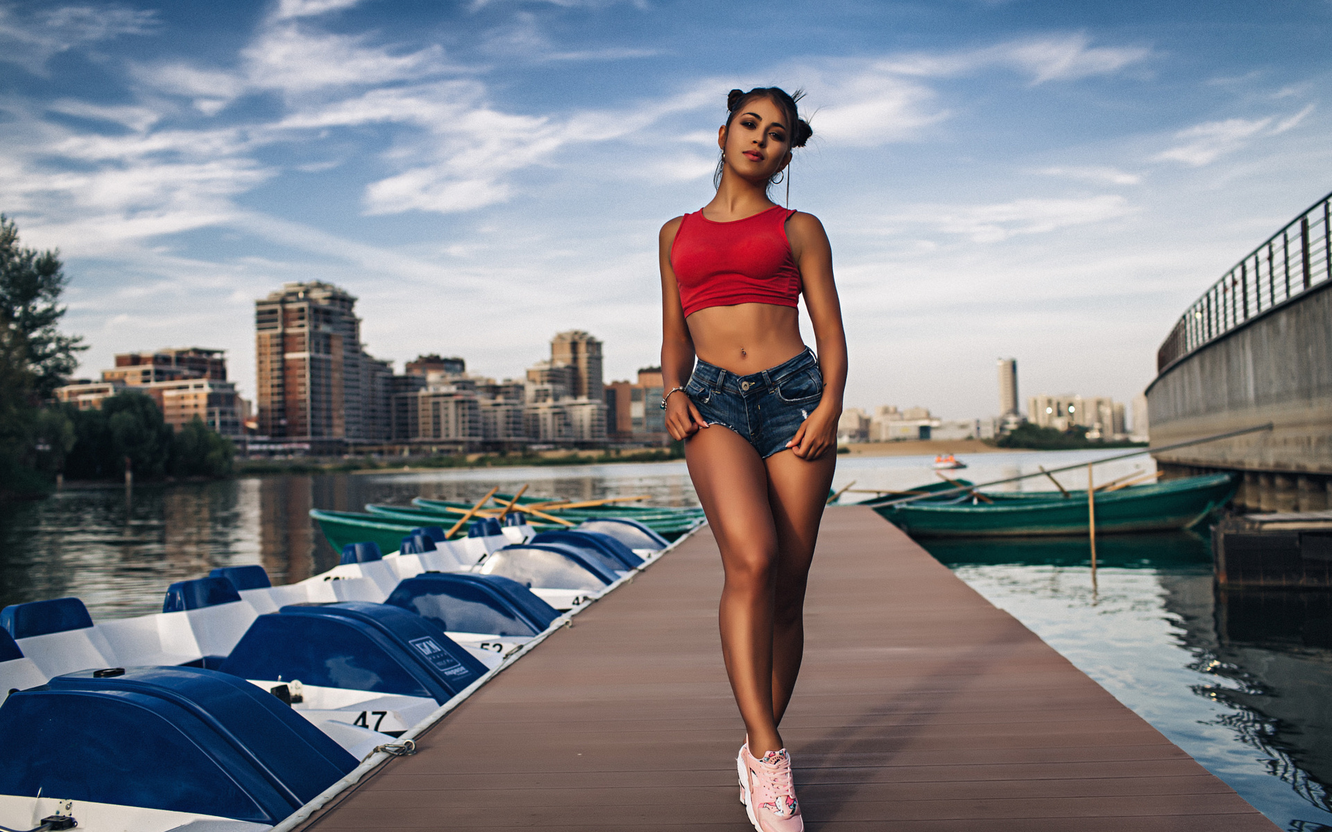 women, portrait, sneakers, jean shorts, short shorts, tanned, belly, river, aleksandr tsarev, sky, clouds