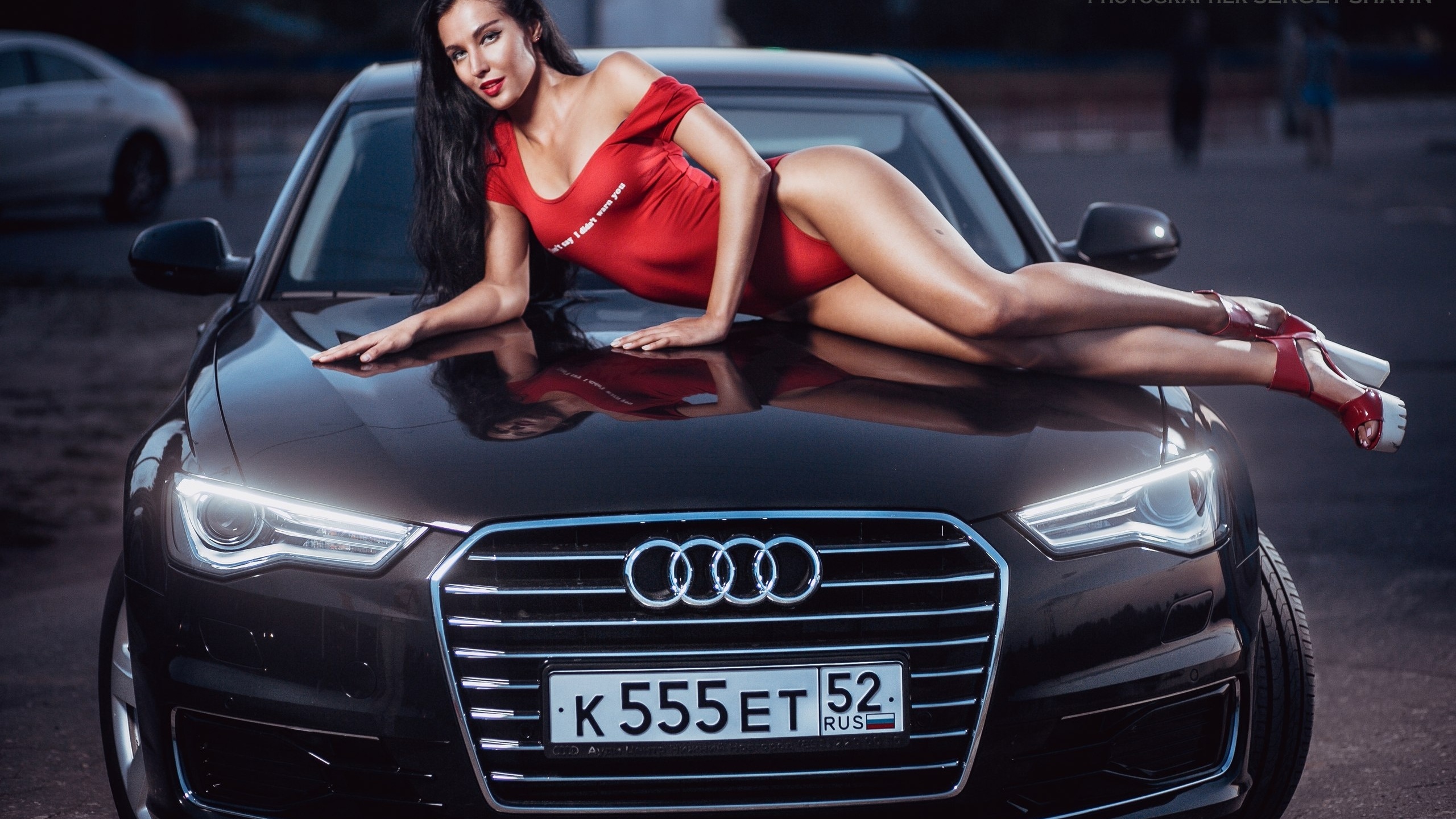 yulia chekanova, women, hips, one-piece, car, high heels, brunette, women outdoors, black hair, long hair, sergey shavin