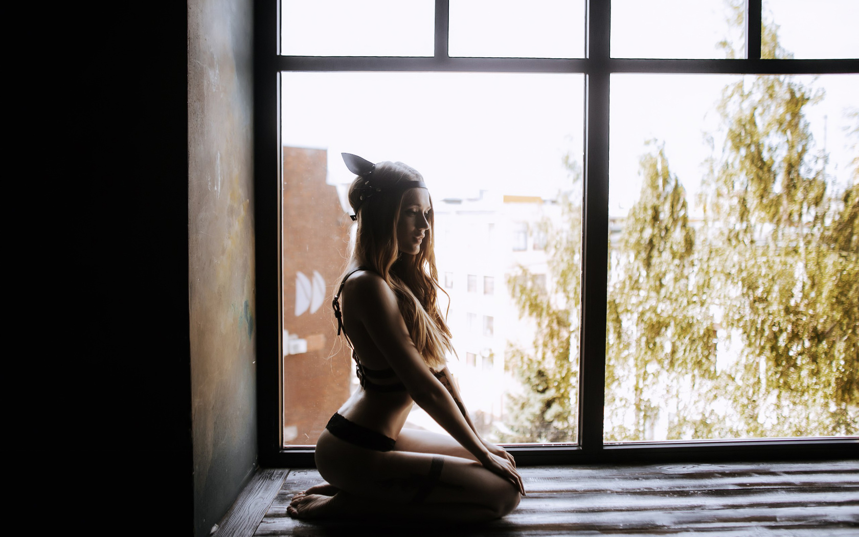 taniashka vasilisimusovna, women, blonde, headband, ass, window, wooden surface, long hair, kneeling, tattoos, looking away, black lingerie