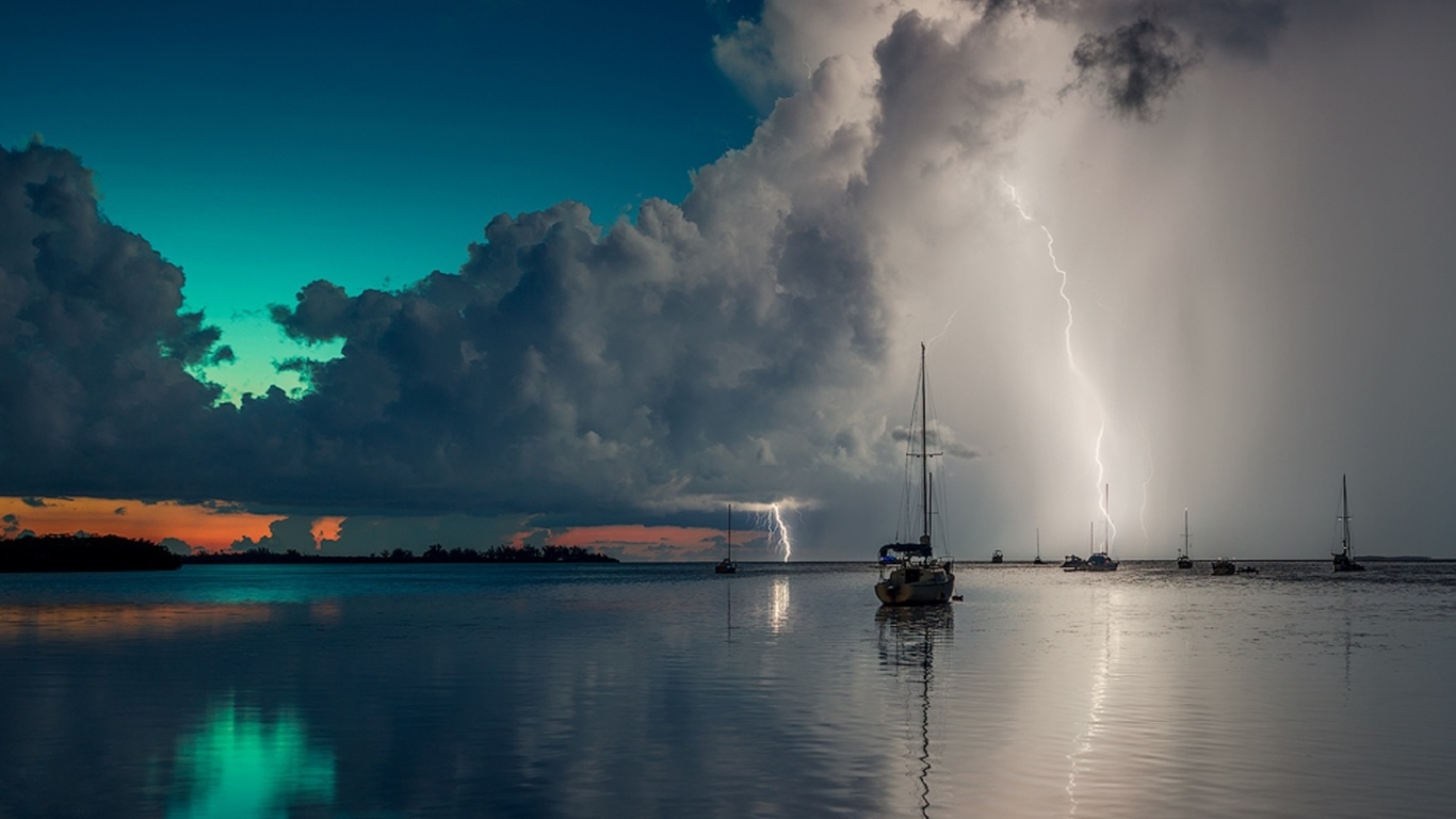 blue, boats, clouds, lightning, ocean, rain, red, reflection, sky, storm, summer, sunset, water, alexandr popovski