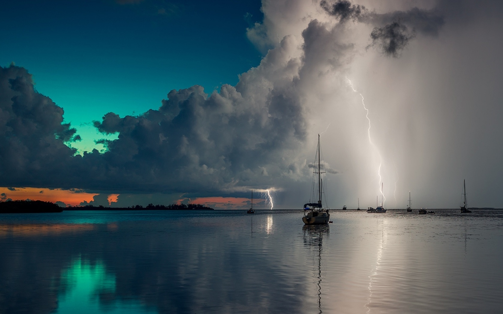 blue, boats, clouds, lightning, ocean, rain, red, reflection, sky, storm, summer, sunset, water, alexandr popovski