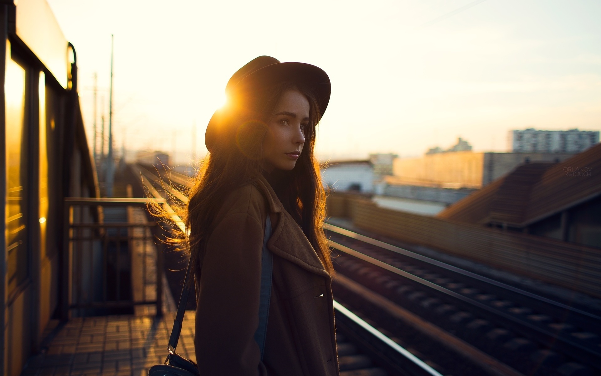 women, portrait, sunset, sunlight, hat, railway, looking away, , , , , , , 