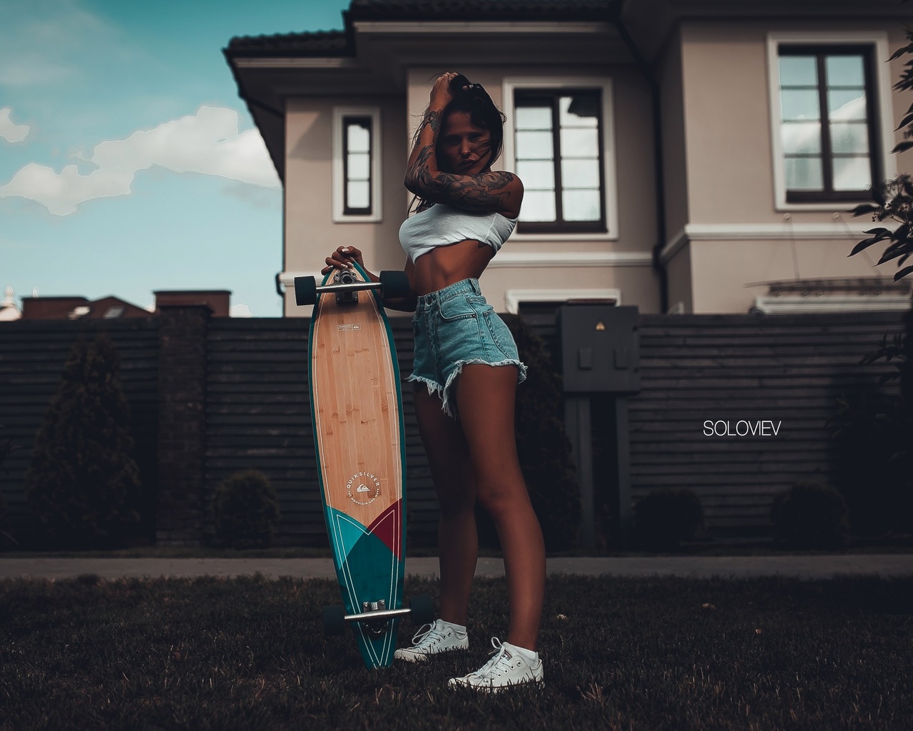 anastasia maslovskaya, women, jean shorts, sneakers, t-shirt, skateboard, women outdoors, tattoo, tanned, portrait, ,  , , , , , , 