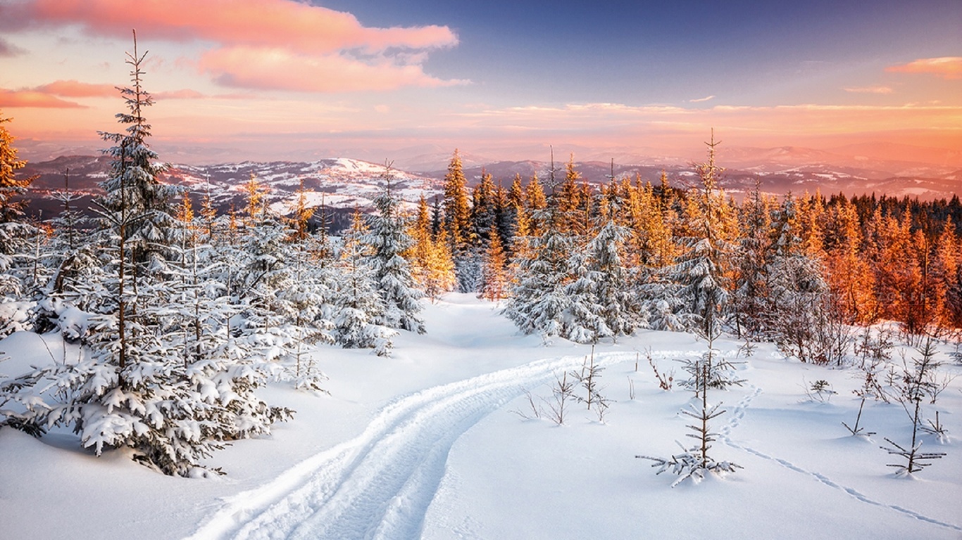 frozen, winter, snow, light, sunset, poland, mountains, route, orange, tomasz wieczorek