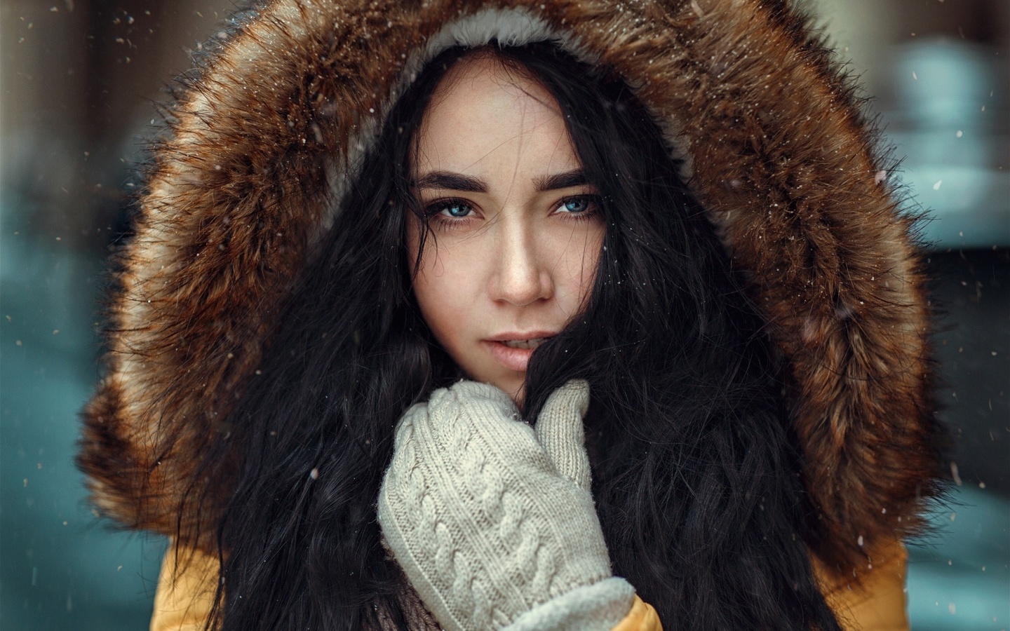 women, face, hoods, gloves, black hair, fur, portrait, depth of field, , , , , , , , , 