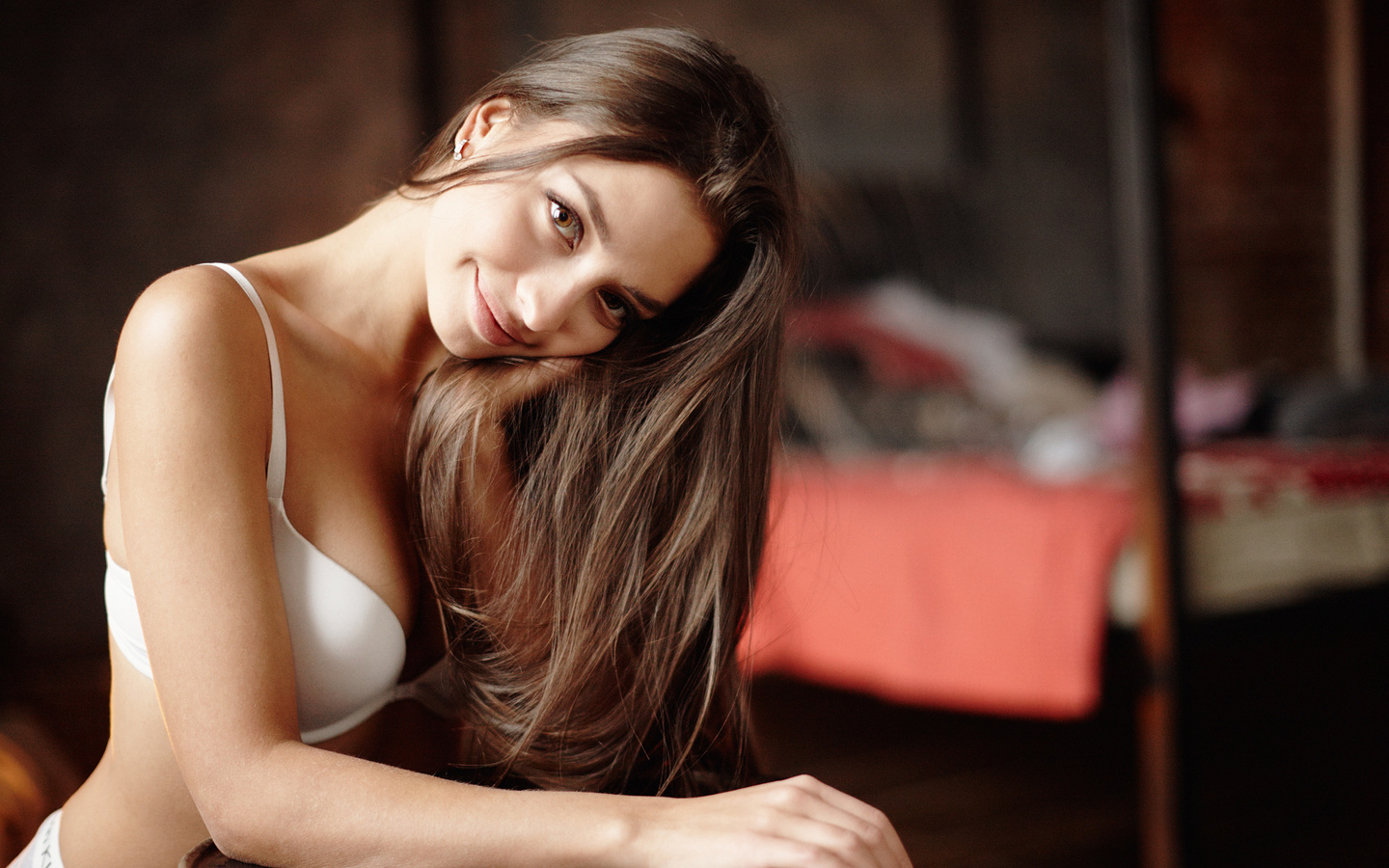 women, white bra, tanned, portrait, smiling, straight hair, red nails, depth of field, ,  , , ,  ,  