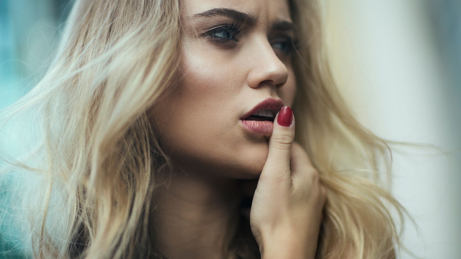 women, blonde, face, red nails, open mouth, looking away, depth of field, portrait