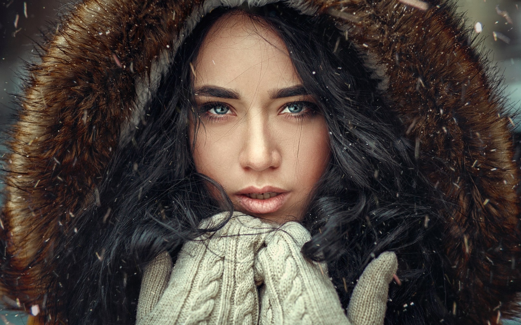 angelina karachun, women, face, hoods, gloves, fur, portrait