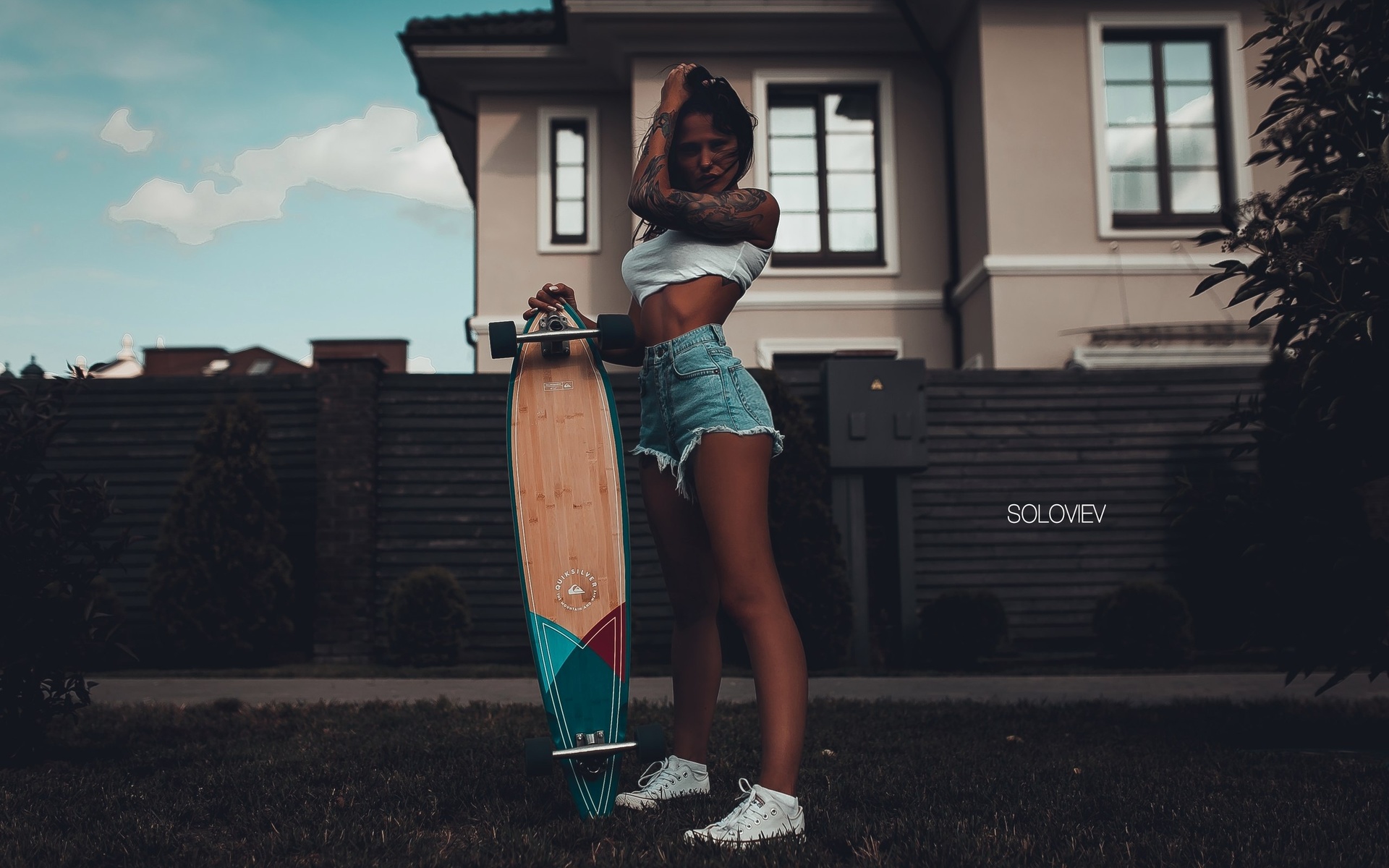 anastasia maslovskaya, women, jean shorts, sneakers, t-shirt, skateboard, women outdoors, tattoo, tanned, portrait, ,  , , , , , , 