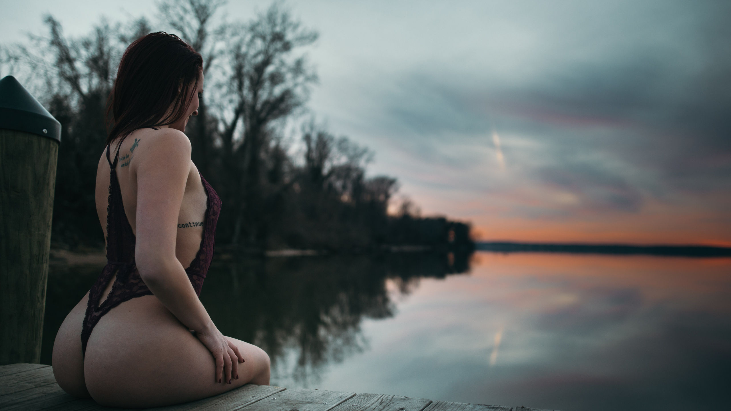 women, ass, pier, sitting, back, sunset, tattoo, painted nails, one-piece swimsuit, lake, portrait, tanned, depth of field, women outdoors, wooden surface, reflection, water, , , , , , , ,  , ,