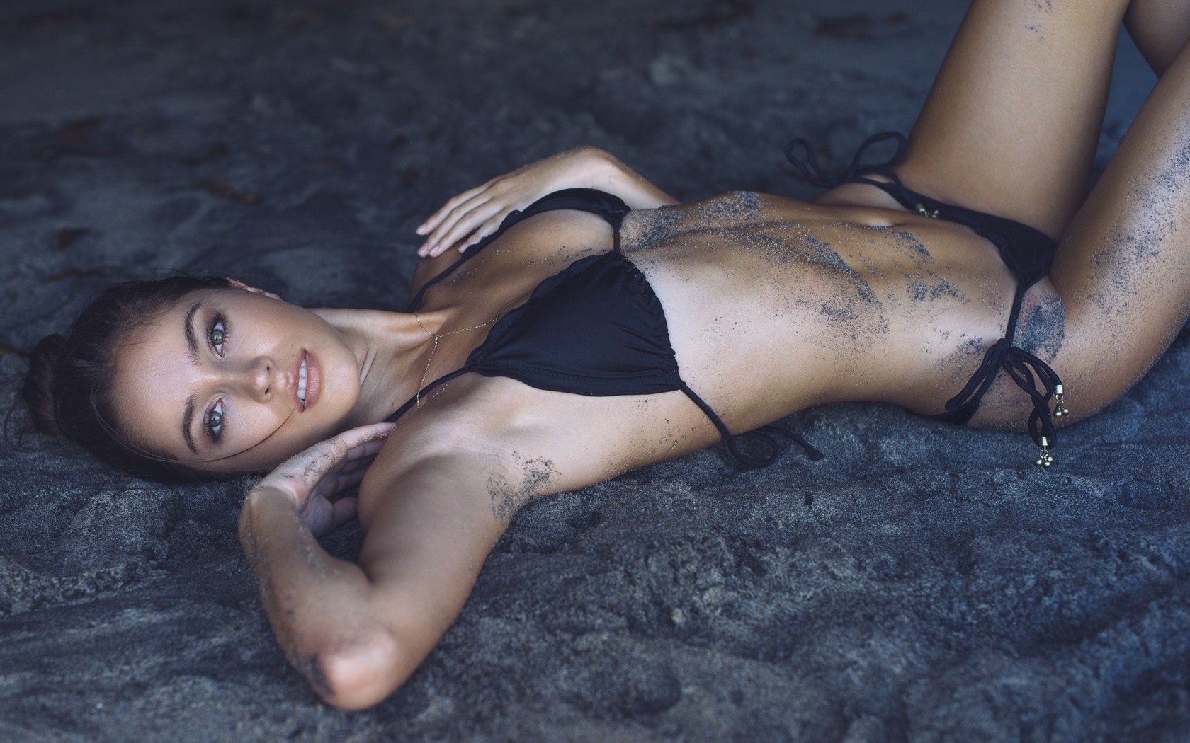 cameron rorrison, women, tanned, black bikinis, belly, sand, lying on back, sand covered, ,  , , , ,   