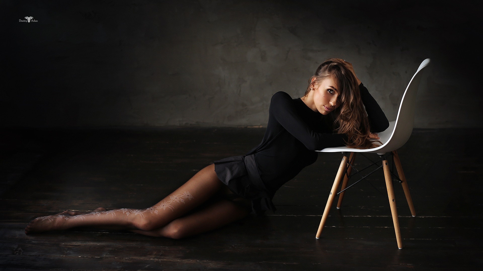 women, tanned, on the floor, chair, portrait, black clothing, hands on head, ,  , , ,  ,   