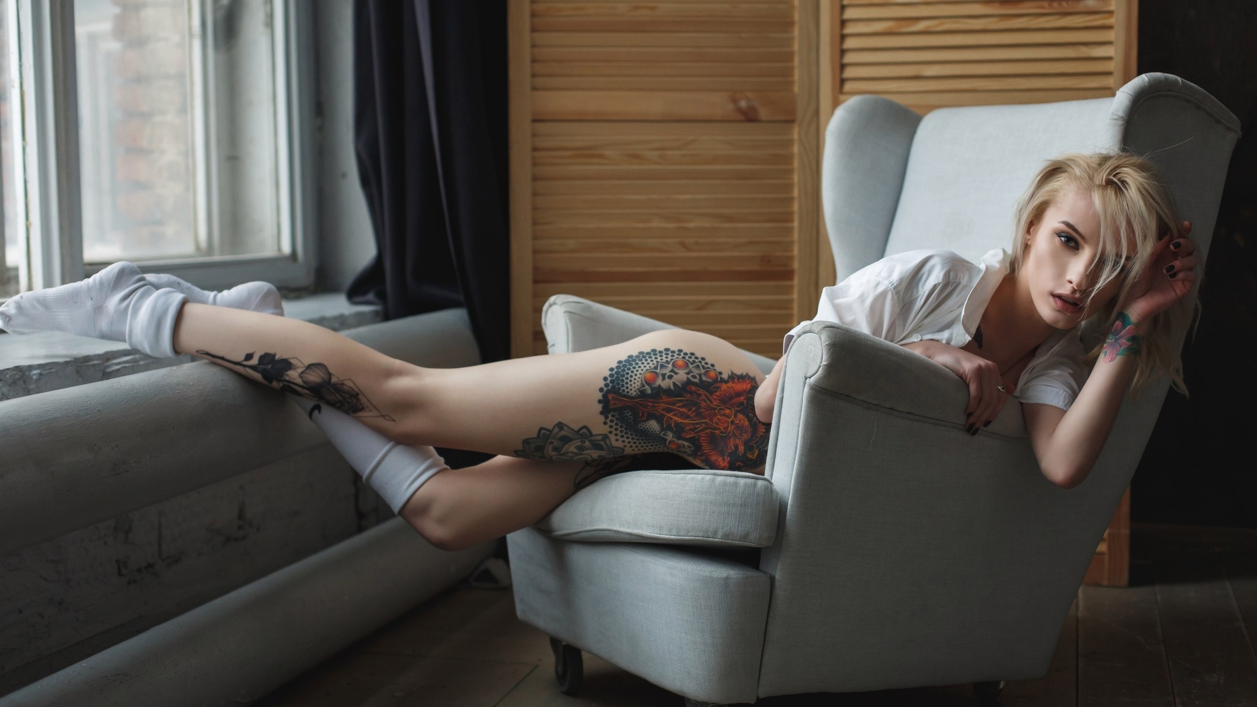 christina may, women, blonde, ass, tattoos, socks, black nails, shirt, window, brunette, , , , , , , , 