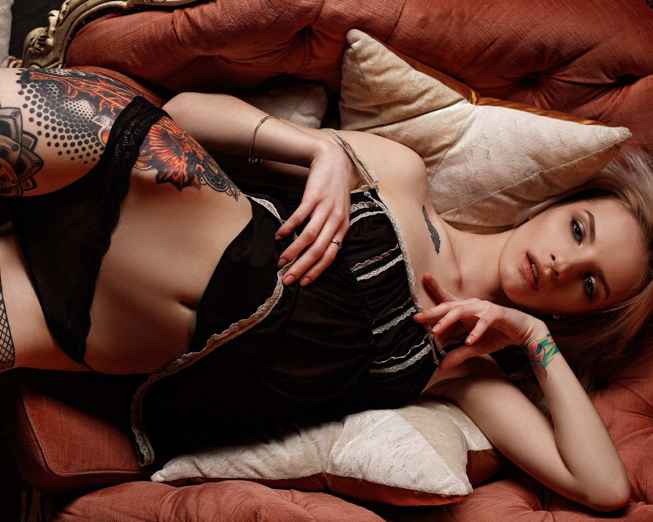 christina may, women, blonde, tattoo, black lingerie, belly, top view,  , , , ,  , ,  
