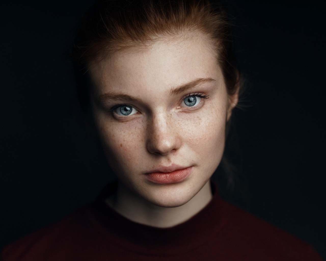 women, face, portrait, black background, blue eyes, freckles, , , ,  ,  , 