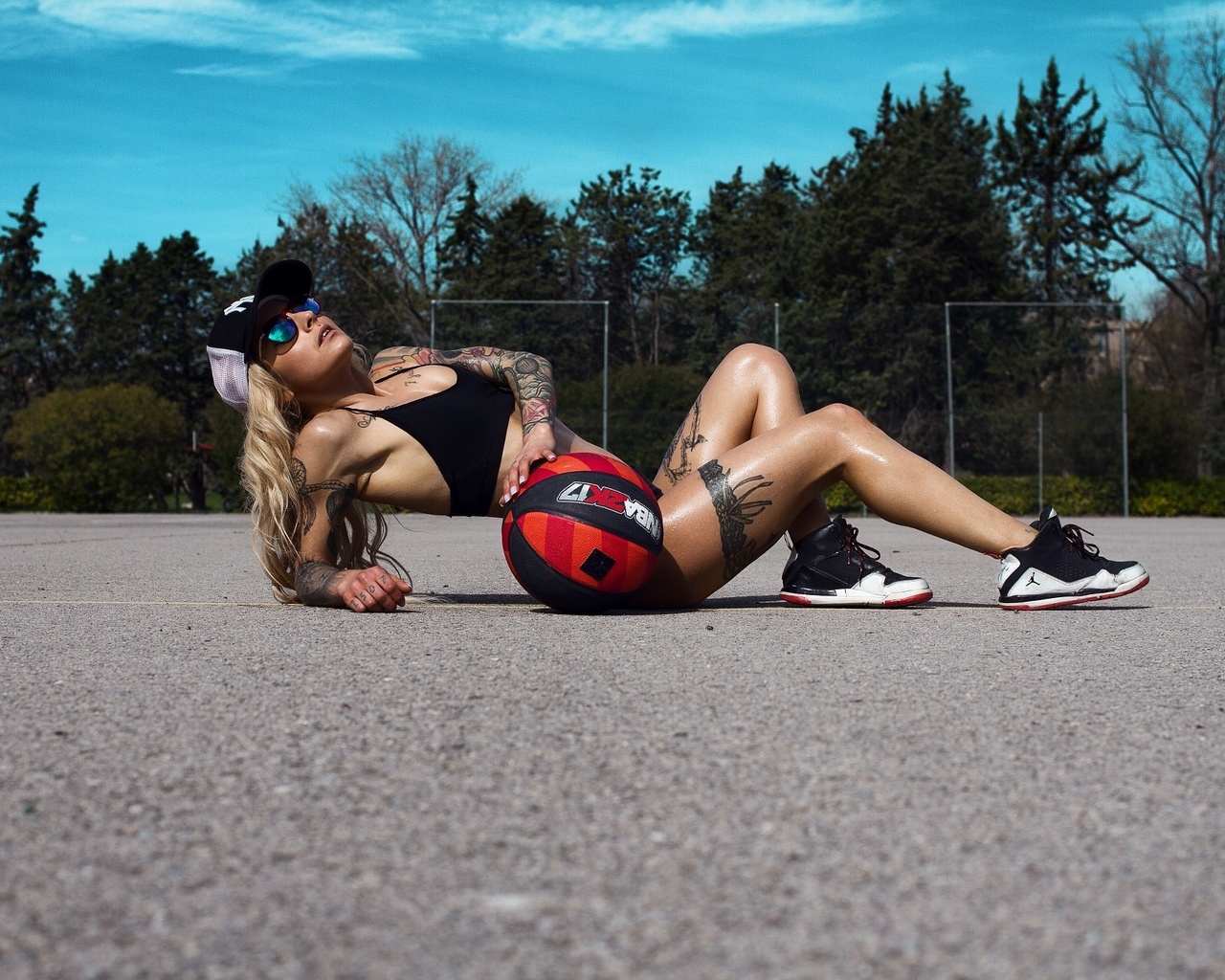 women, tanned, sneakers, women outdoors, tattoos, sportswear, basketball, sunglasses, on the floor, blonde, , , ,   , ,  , ,  ,  , , , 