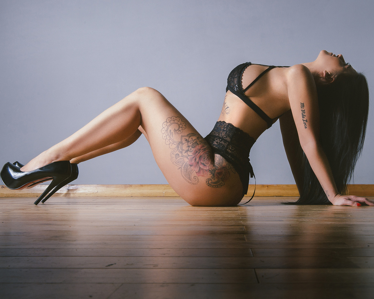 women, tanned, on the floor, wooden surface, tattoo, high heels, black lingerie, sitting, red nails, ass, sideboob, , ,  , , , ,  , ,  , , , , , , 