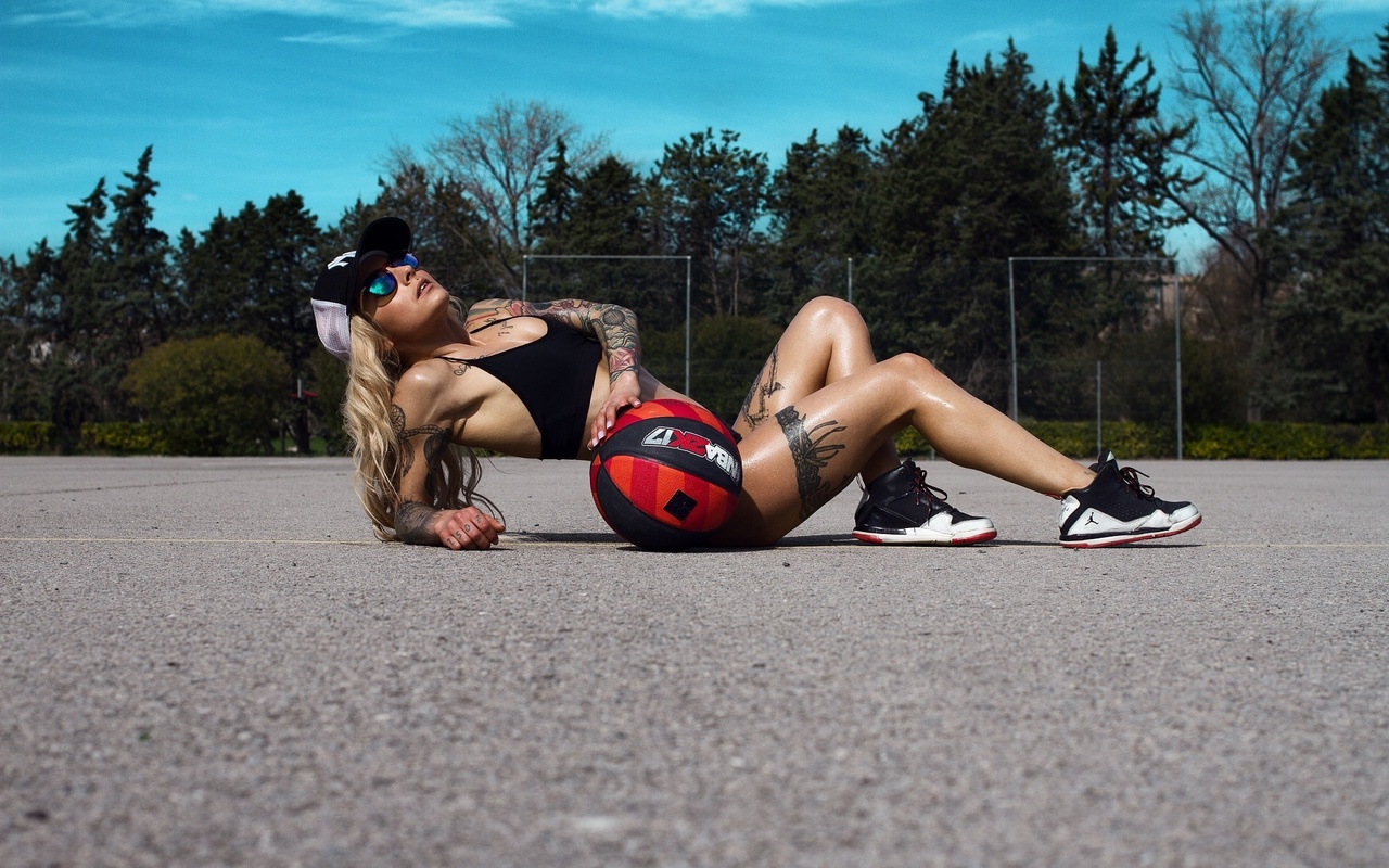 women, tanned, sneakers, women outdoors, tattoos, sportswear, basketball, sunglasses, on the floor, blonde, , , ,   , ,  , ,  ,  , , , 