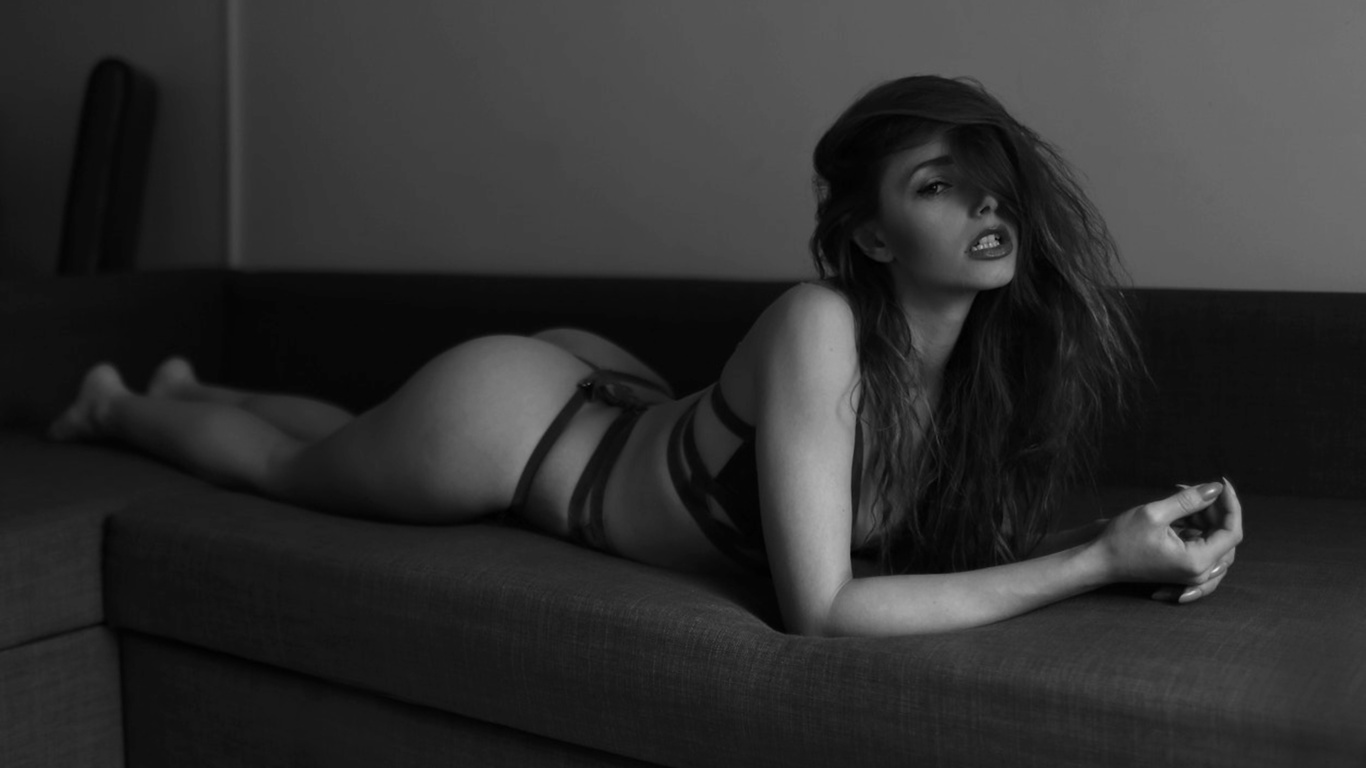 ayla rose, women, black lingerie, ass, couch, lying on front, monochrome, looking at viewer, ,  , , ,   , -,   