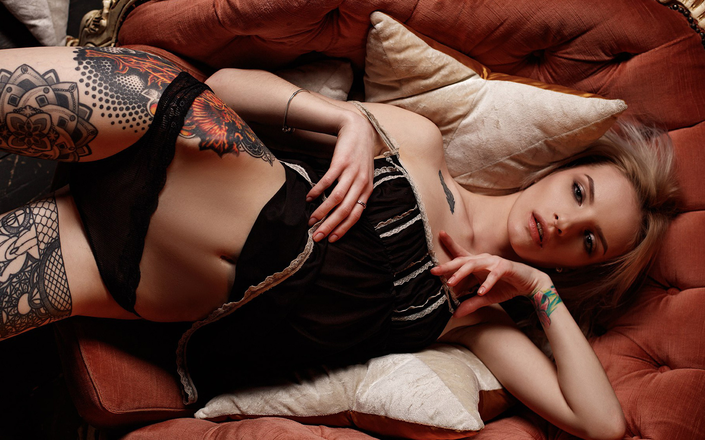 christina may, women, blonde, tattoo, black lingerie, belly, top view,  , , , ,  , ,  