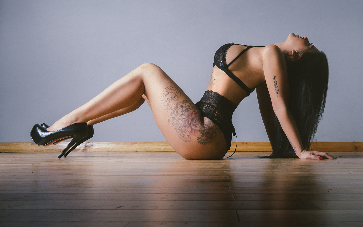 women, tanned, on the floor, wooden surface, tattoo, high heels, black lingerie, sitting, red nails, ass, sideboob, , ,  , , , ,  , ,  , , , , , , 