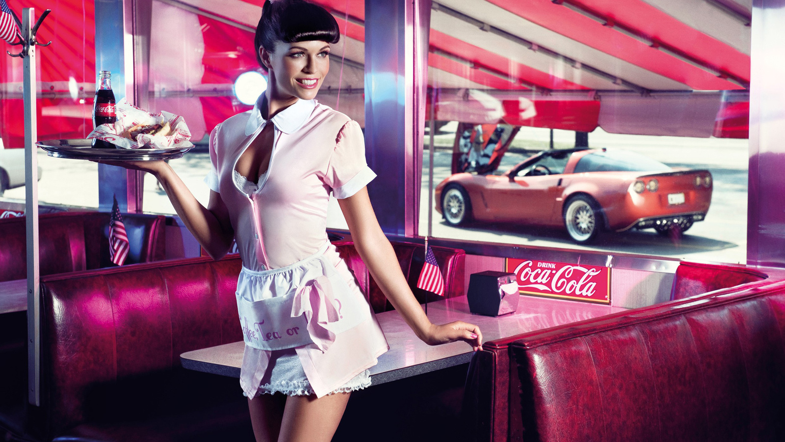 cafe, coca-cola, flag, machine, girl, window