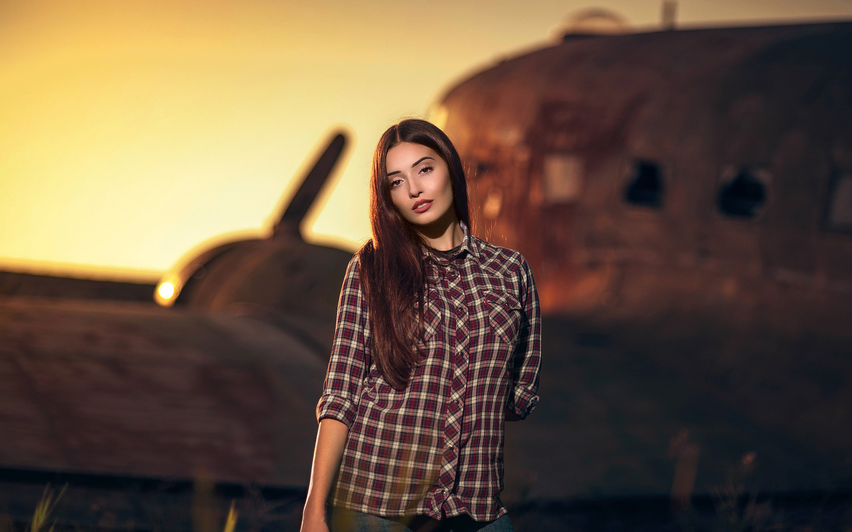 women, sunset, shirt, portrait, women outdoors, depth of field, airplane, , , , , , ,  , 