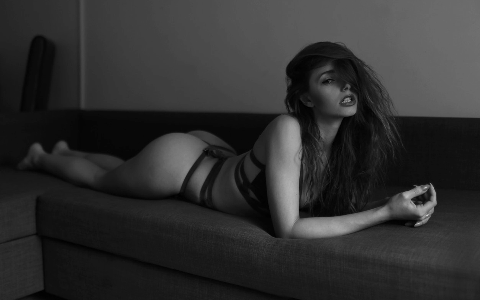 ayla rose, women, black lingerie, ass, couch, lying on front, monochrome, looking at viewer, ,  , , ,   , -,   