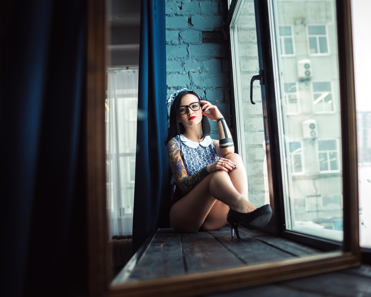 women, tanned, glasses, tattoo, window, portrait, ass, sitting, high heels, , ,  , , , , , , , , , 