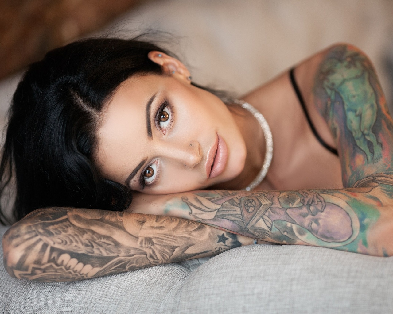 anna sajarova, women, face, portrait, tattoo, black bras, pierced nose, depth of field, black hair, any sakharova, , , , , ,  ,  