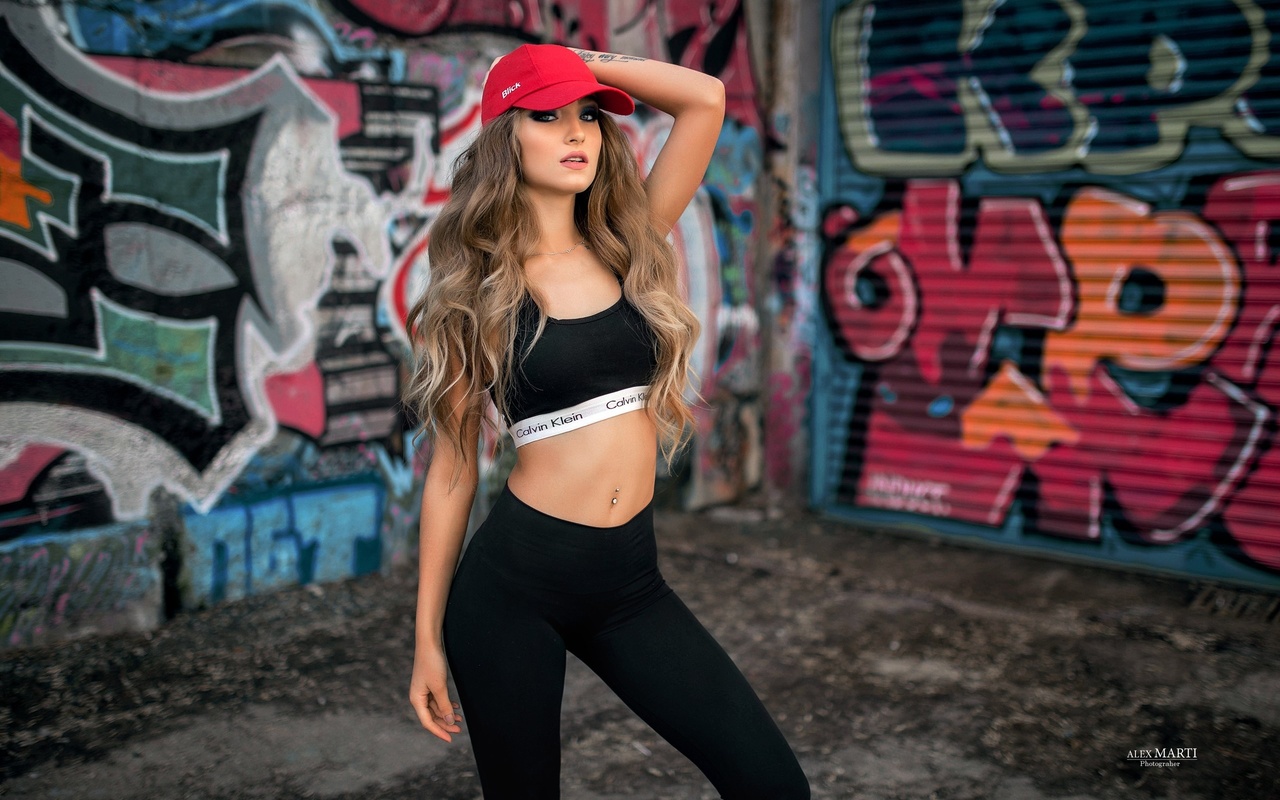 aleksandra taranova, women, calvin klein, portrait, sportswear, yoga pants, sports bra, tanned, graffiti, sneakers, baseball caps, belly, long hair, pierced navel, tattoo,  , , ,  ,  ,  