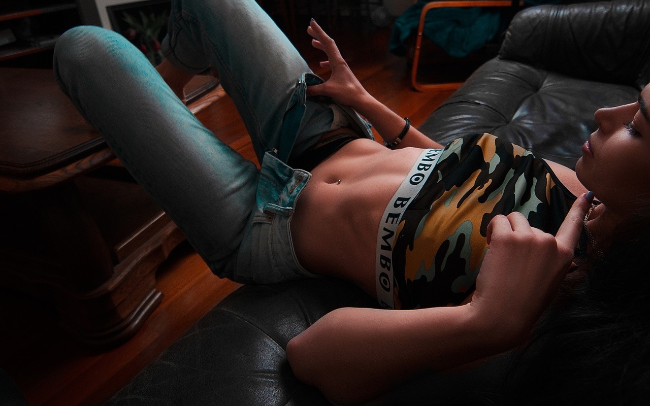 women, pants, jeans, belly, couch, pierced navel, panties, tanned, , , , , , ,  , 
