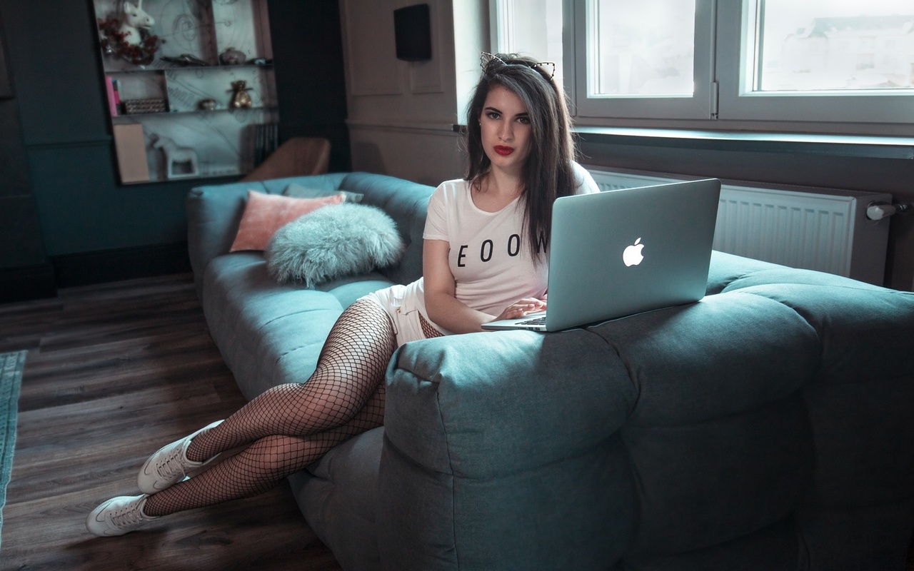 anna wolf, women, sitting, sneakers, fishnet stockings, t-shirt, laptop, couch, jean shorts, red lipstick, , , , , , , , ,   , , ,  ,  , 