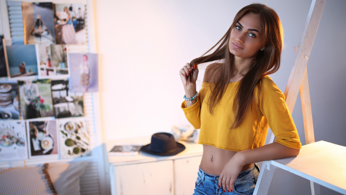 aniuta minailova, women, tanned, portrait, belly, room, red nails, pierced navel, pants, jeans,  , , , , ,  ,  , , , 