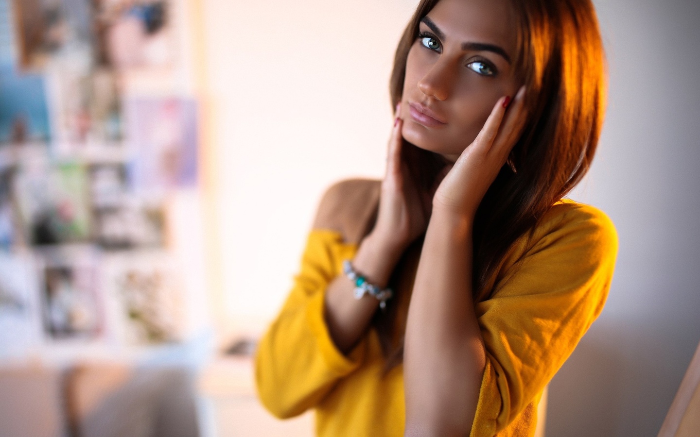 aniuta minailova, women, tanned, portrait, face, hand on face, depth of field, room, red nails,  , , , , , ,   , ,  