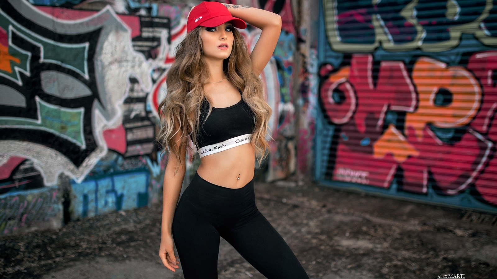 aleksandra taranova, women, calvin klein, portrait, sportswear, yoga pants, sports bra, tanned, graffiti, sneakers, baseball caps, belly, long hair, pierced navel, tattoo,  , , ,  ,  ,  